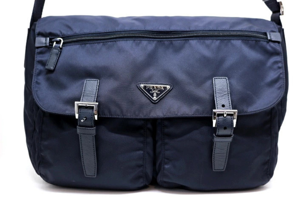 Prada Bag Shoulder Leather Navy Blue VELA BLEU